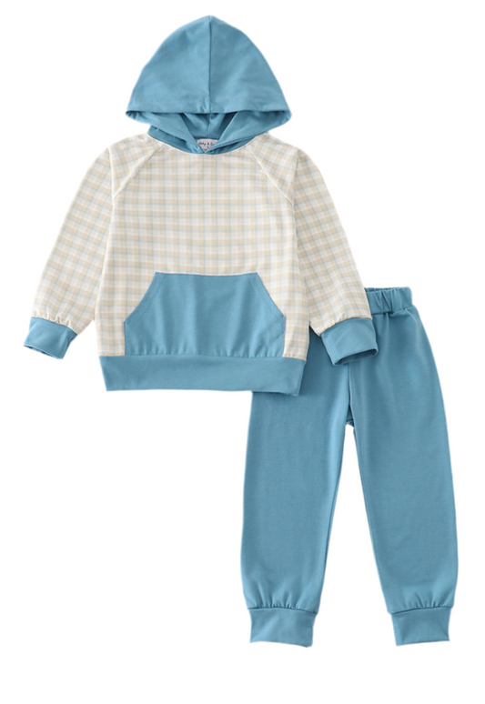 Teal plaid boy hoodie set