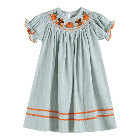 Light Blue Pinstripe Turkey Smocked Bishop Dress