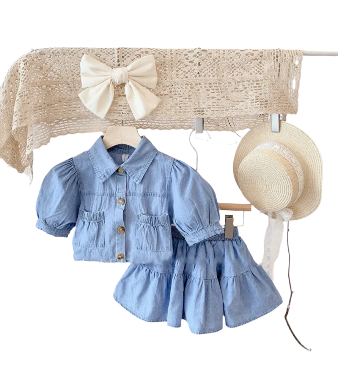 Puff sleeve denim skirt set