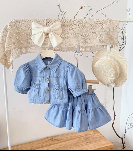 Puff sleeve denim skirt set