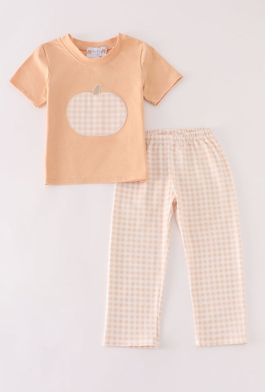 Orange Pumpkin Appliqué plaid boy set