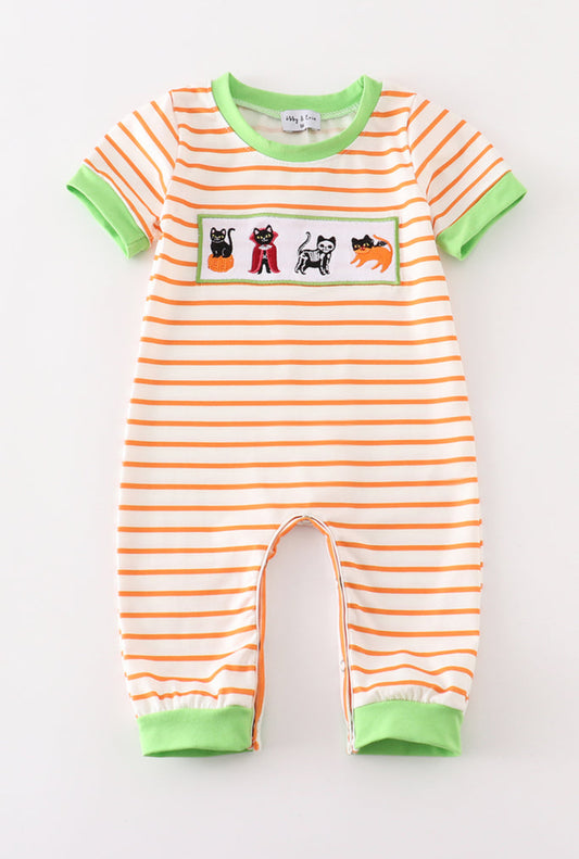 Halloween embroidery striped cat boys romper