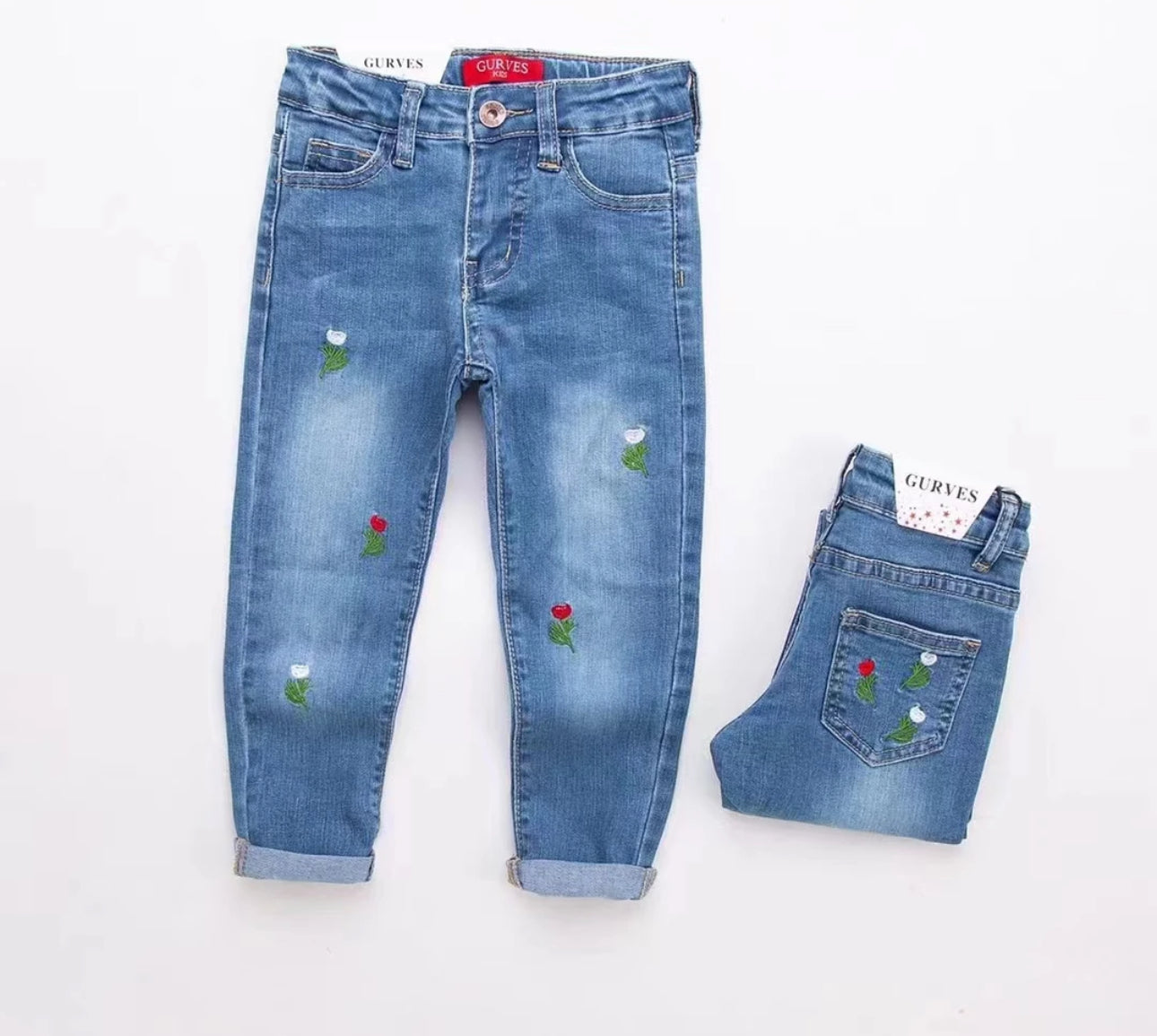 Girls Flower Print denim jeans